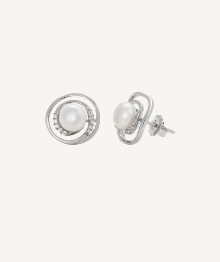 Earrings Rhodium Spiral Zirconia and Cultured Pearl