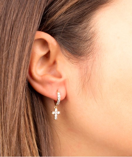 Earrings Articulated Hoop Cross Zirconia