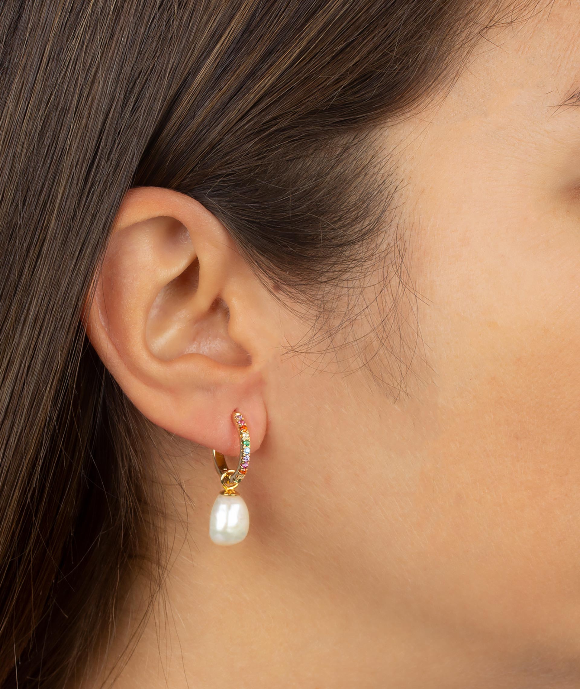 Earrings hoop Multicolor Zirconia and Cultured Pearl