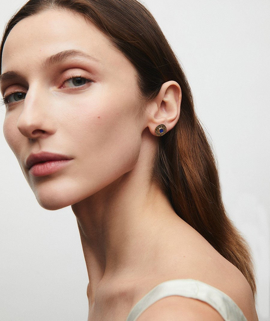 Pendientes botón círculo Gleam con Lapis lazuli azul