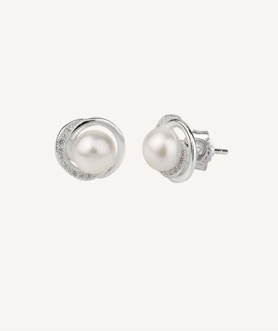 Pendientes Plata semi círculo Circonitas y Perla cultivada