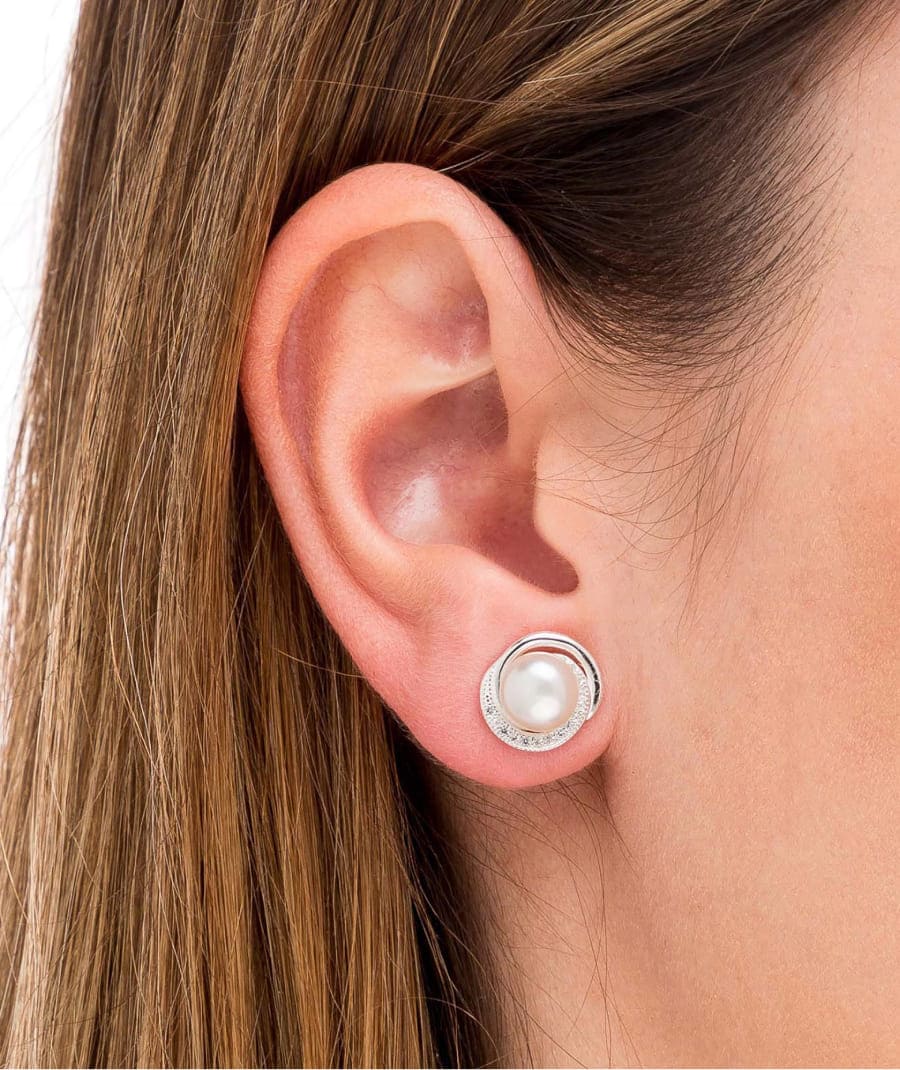 Pendientes Plata semi círculo Circonitas y Perla cultivada