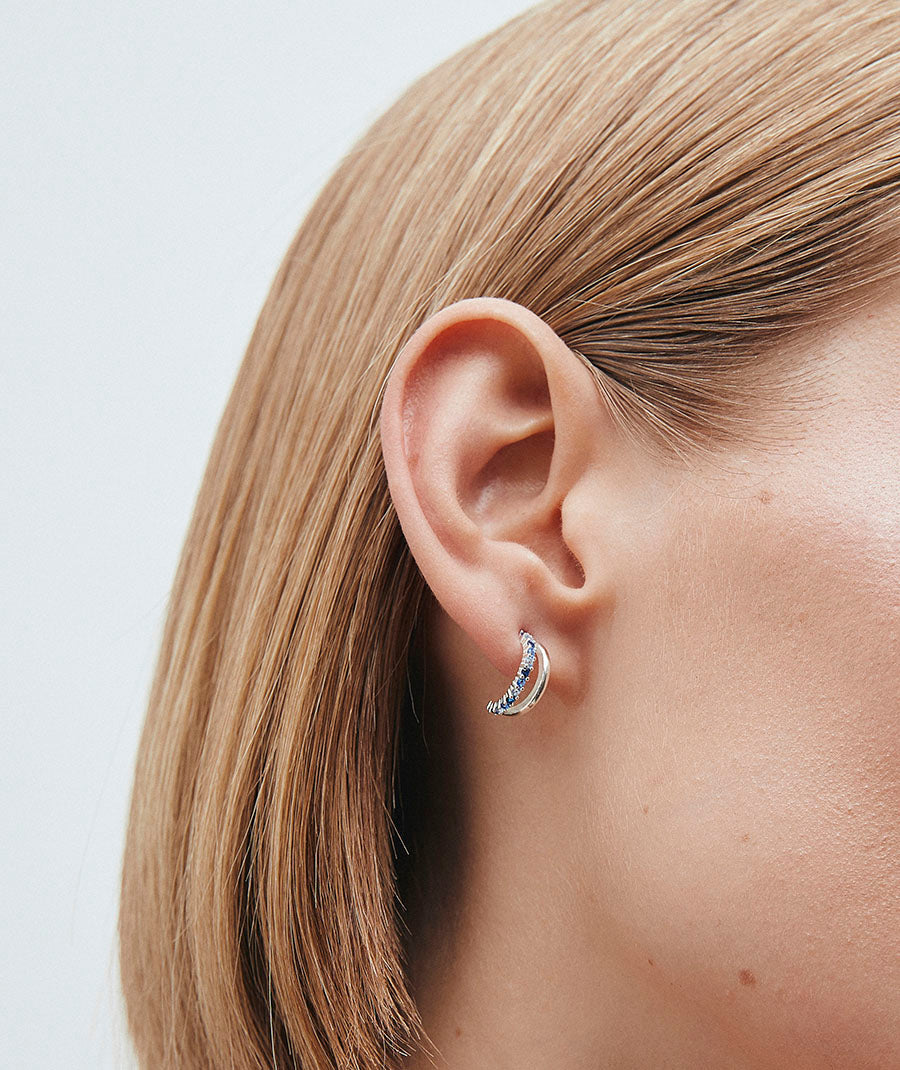 Earrings Open Crescent with Blue Zirconia