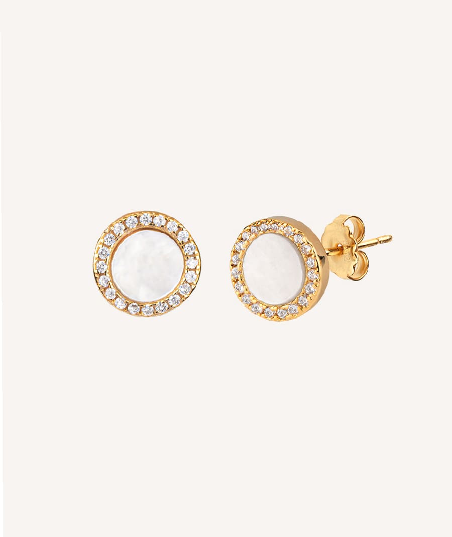 18kt gold earrings Silver Finished Round Madreperla zircons
